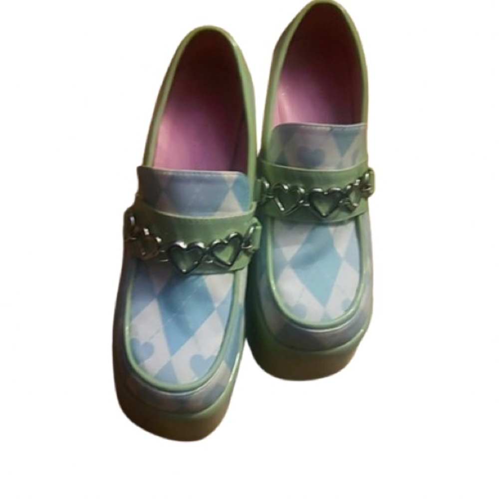 Stylish Green and Blue Heart Platform Loafers